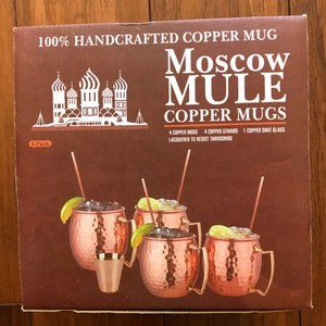 Copper Mugs, set of 4 w/ straws and shot glass